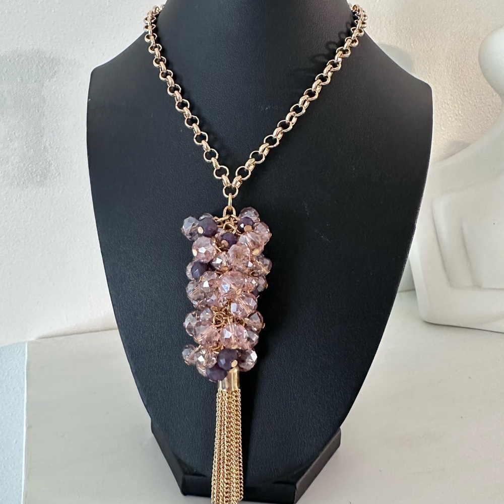 Gold Chain Necklace with Pink and Purple Crystal Tassel Pendant
